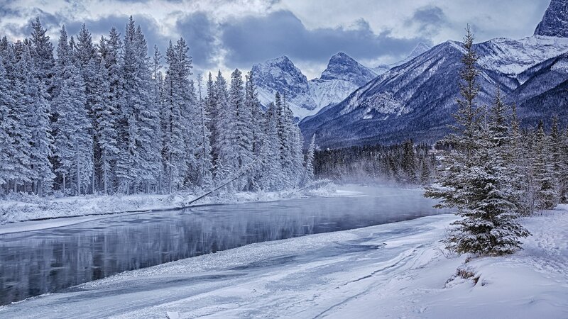 Snow-covered River and Mountains — Blue, Cold, Winter
