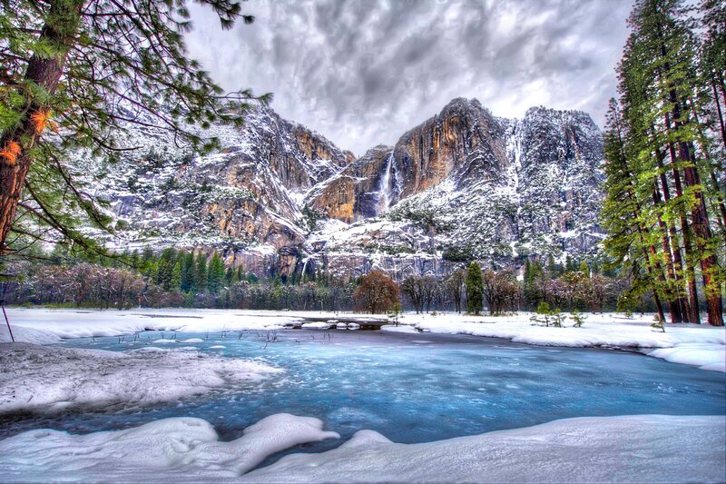 Snow-covered River and Mountains — Blue, Dramatic