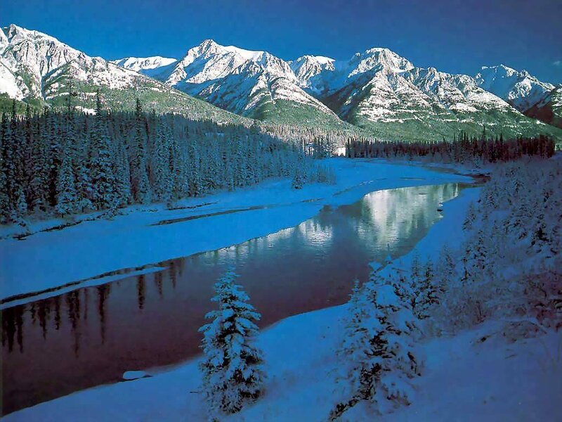 Snow-covered River and Mountains — Blue, Serene, Winter