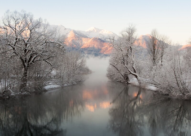 Snow-covered River and Mountains — White