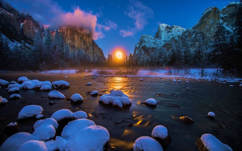 Snow-covered River at Dusk — Blue, Serene, Night