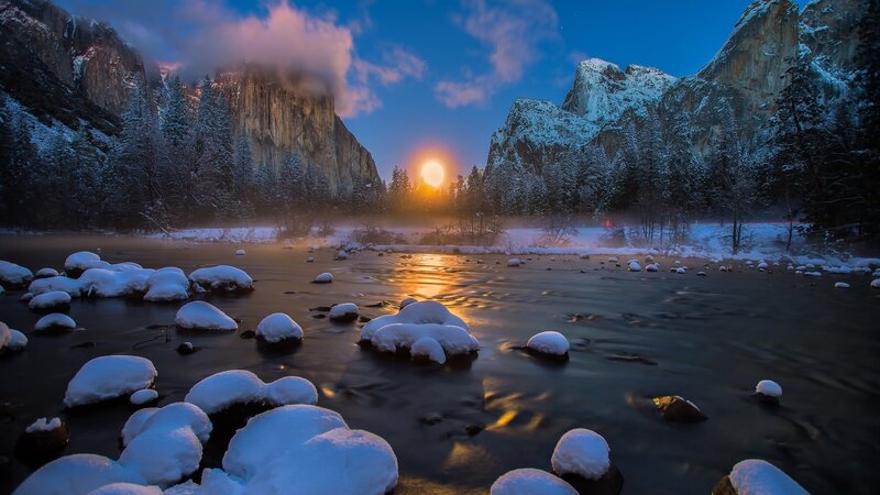 Snow-covered River at Dusk — Blue, Serene