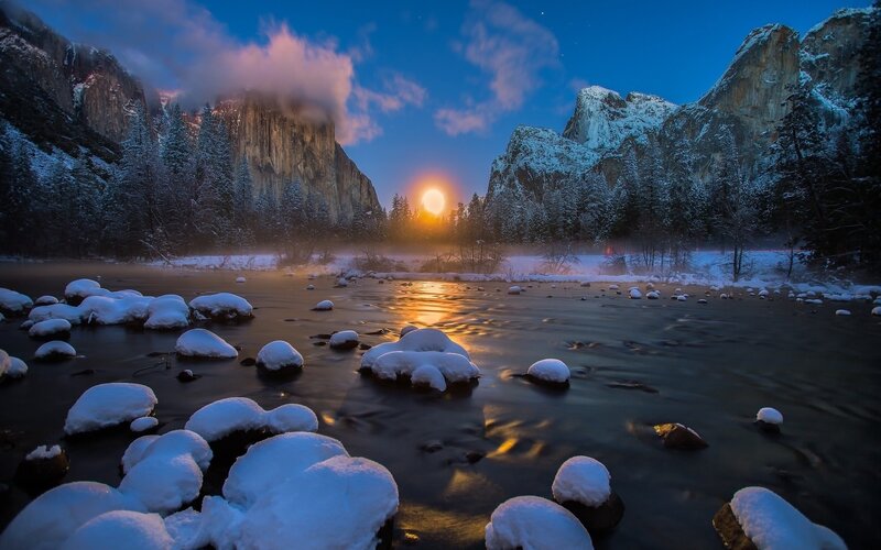 Snow-covered River at Dusk — Blue, Serene, Winter