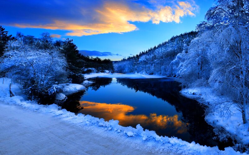 Snow-covered River at Dusk — Blue