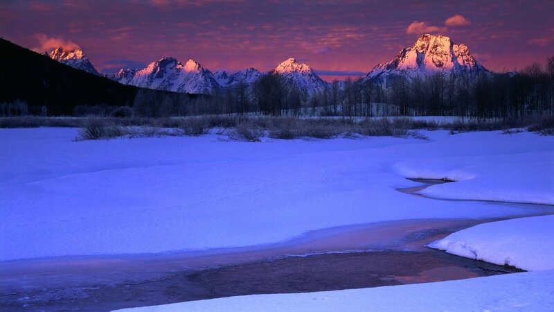 Snow-covered River at Dusk — Purple, Serene