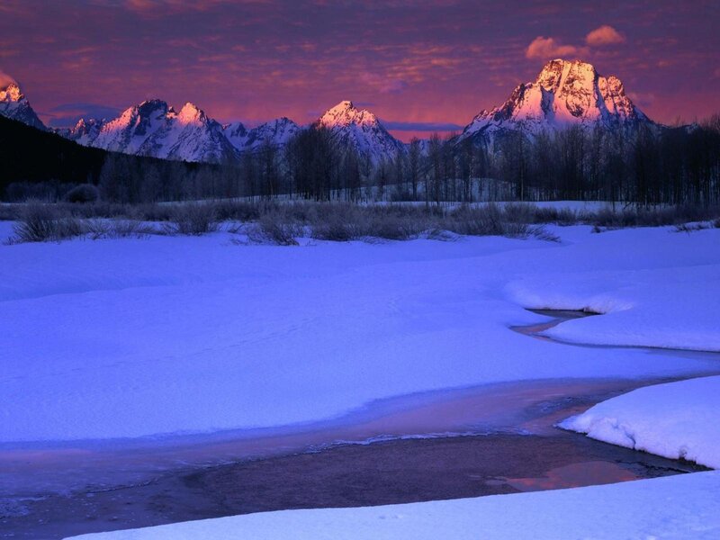 Snow-covered River at Dusk — Purple, Serene, Winter, Photograph, Mountains