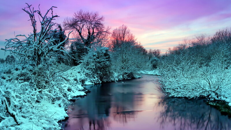 Snow-covered River at Dusk — Purple, Serene, Winter, Photograph, Trees, Sky