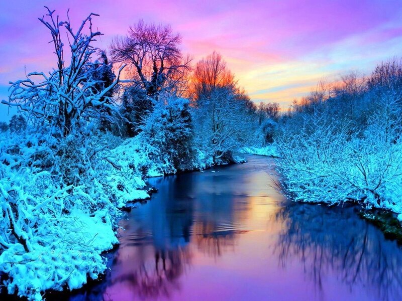 Snow-covered River at Dusk — Purple, Serene, Winter
