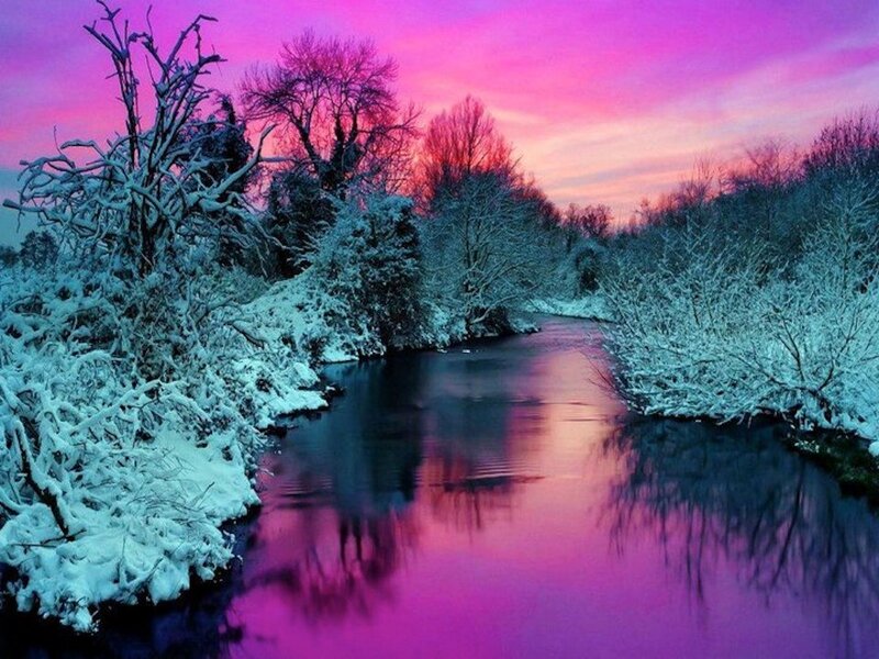 Snow-covered River at Dusk — Purple