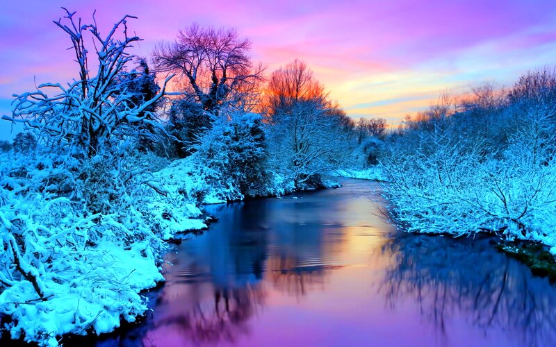 Snow-covered River at Dusk