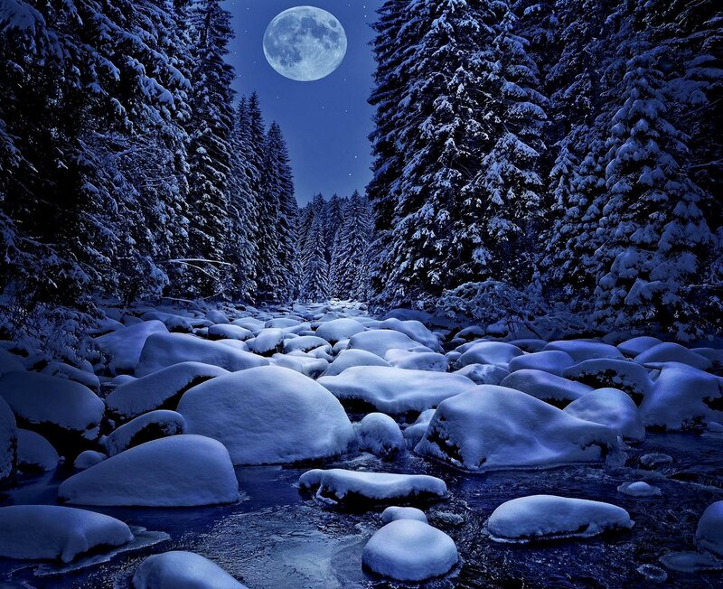 Snow-covered River at Night — Blue, Serene, Photograph