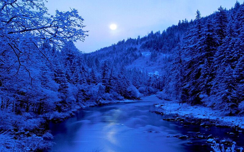 Snow-covered River at Night — Blue, Serene