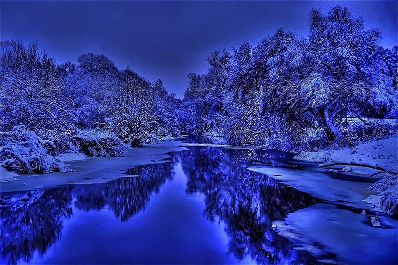Snow-covered River at Night — Blue