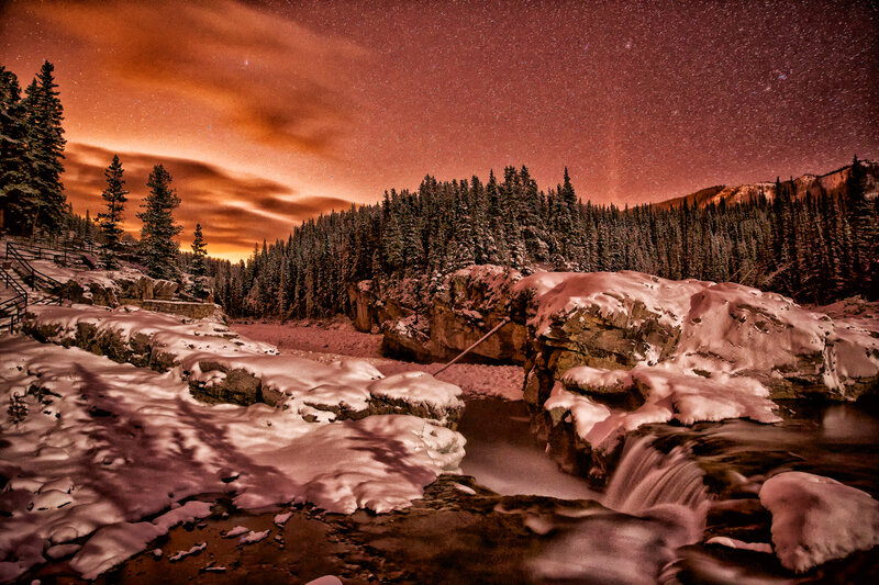 Snow-covered River at Night — Red