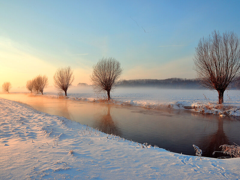Snow-covered River at Sunrise — Blue, Serene