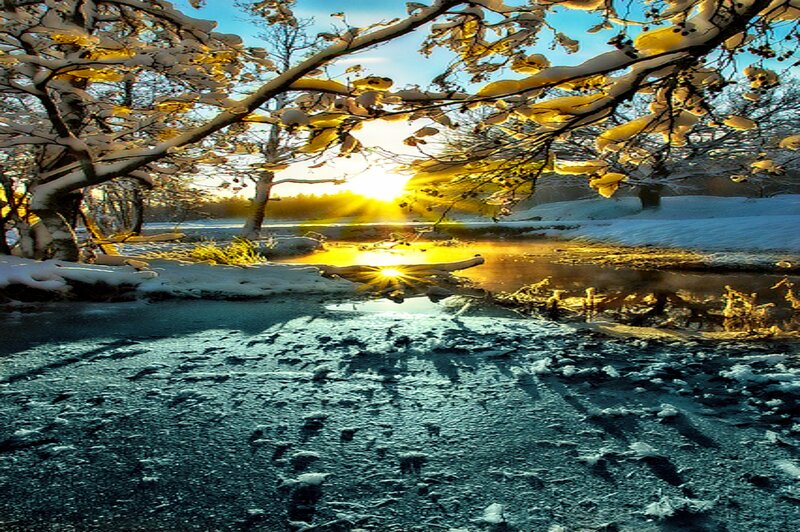 Snow-covered River at Sunrise — Blue, Serene, Winter