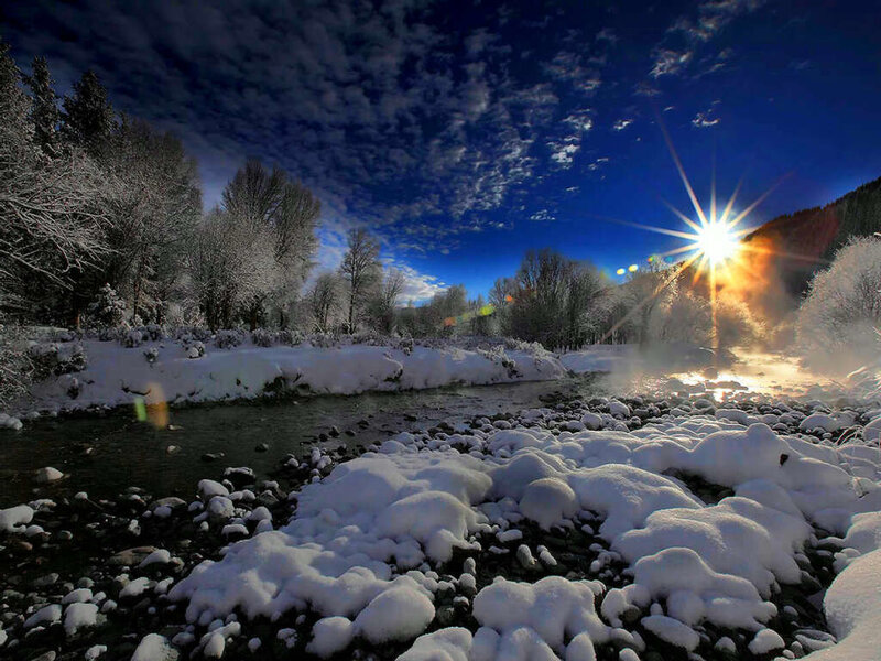 Snow-covered River at Sunrise — Blue