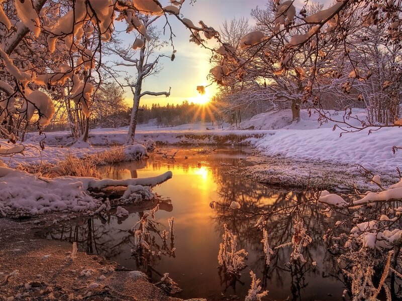 Snow-covered River at Sunrise — Gold