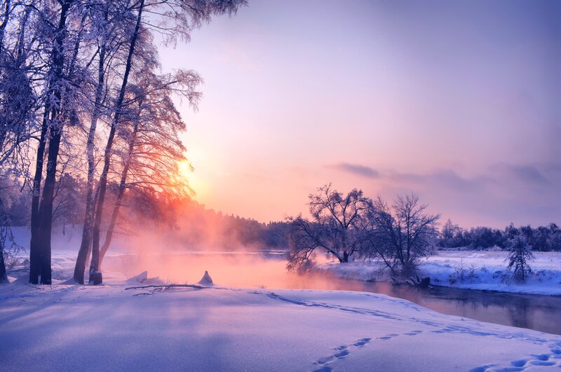 Snow-covered River at Sunrise — Purple