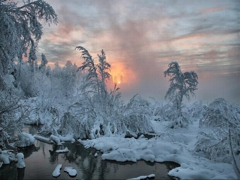 Snow-covered River at Sunrise