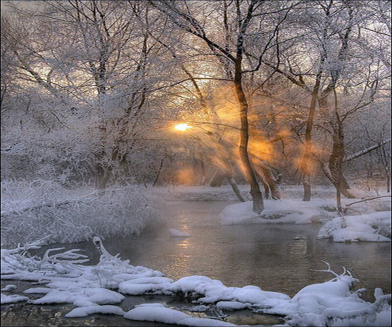 Snow-covered River at Sunrise — White, Serene