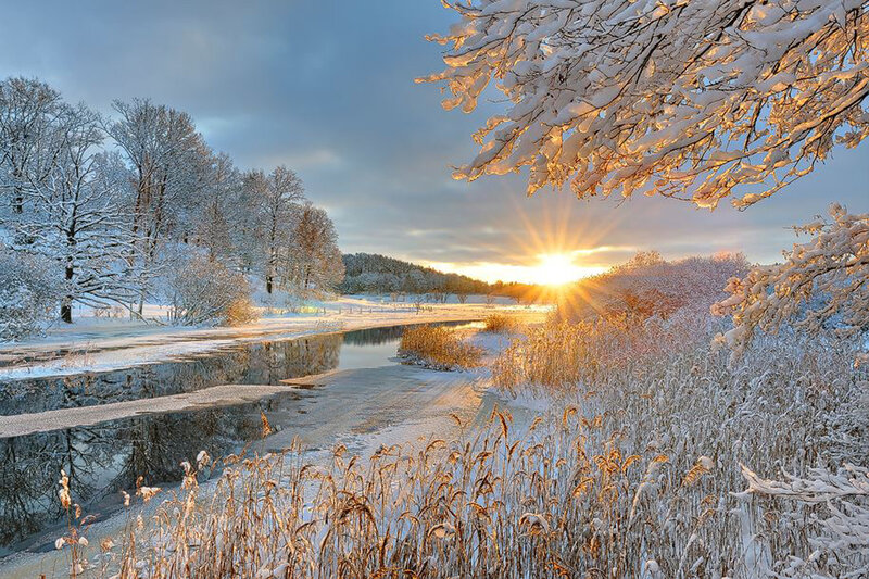 Snow-covered River at Sunrise — White, Serene, Winter