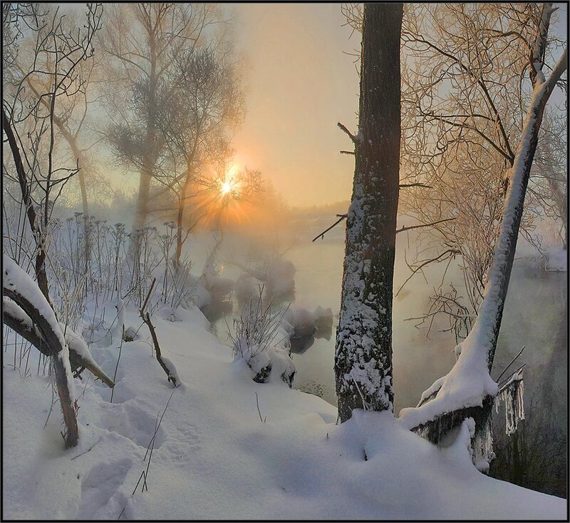 Snow-covered River at Sunrise — White