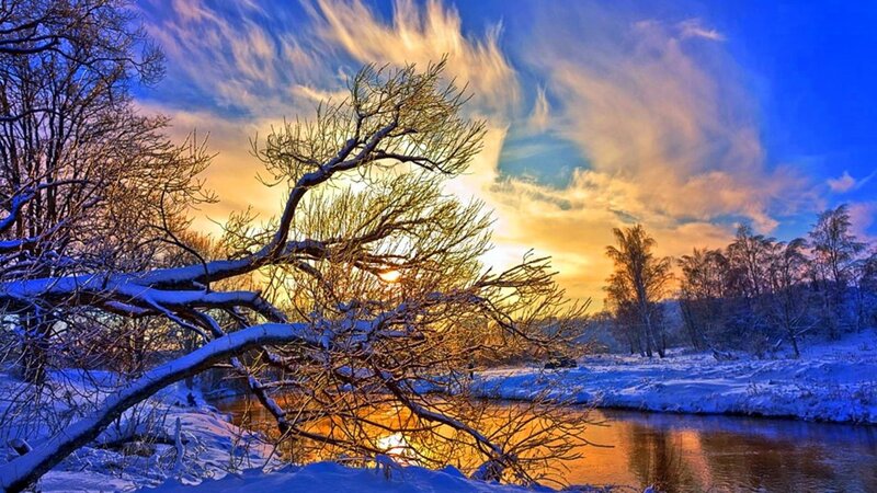 Snow-covered River at Sunset — Blue, Dramatic, Photograph