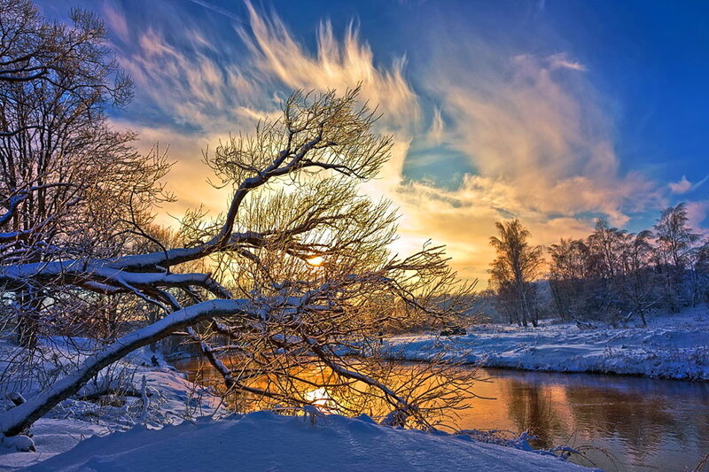 Snow-covered River at Sunset — Blue, Dramatic