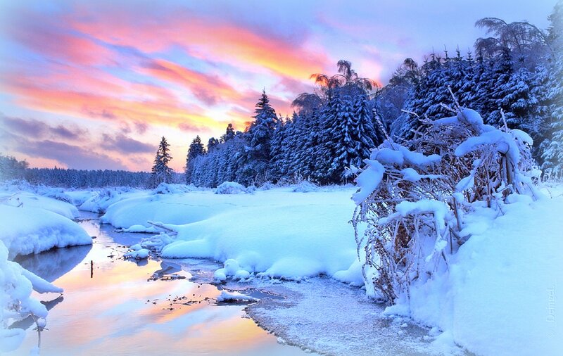 Snow-covered River at Sunset — Blue, Serene, Photograph