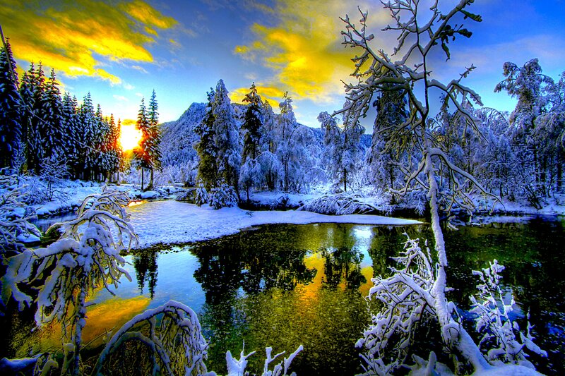 Snow-covered River at Sunset — Blue, Serene