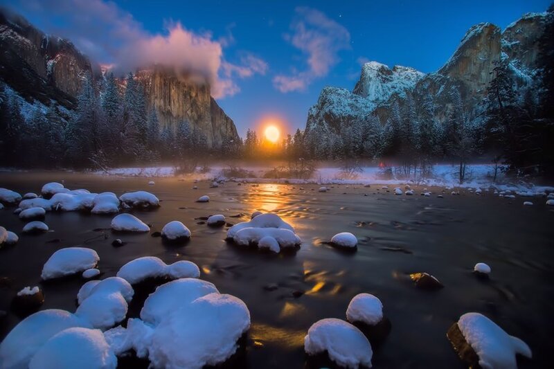 Snow-covered River at Sunset — Blue, Serene, Winter, Photograph