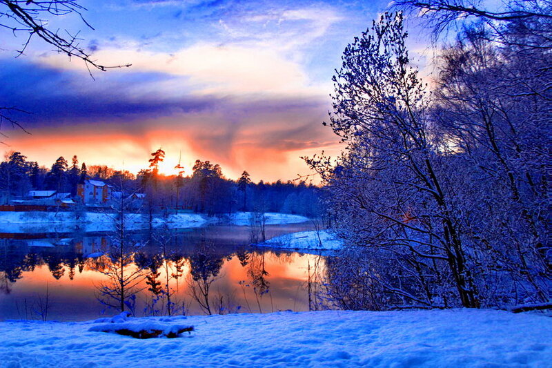 Snow-covered River at Sunset — Blue, Serene, Winter