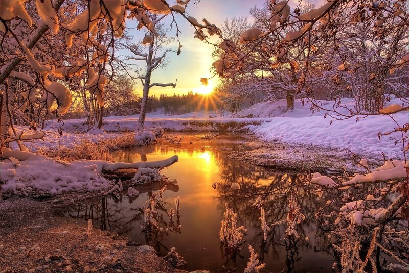 Snow-covered River at Sunset — Gold, Serene, Photograph