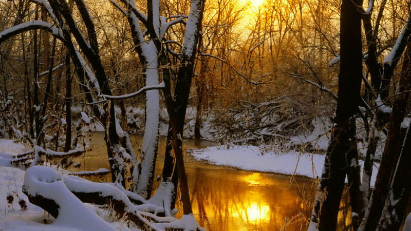 Snow-covered River at Sunset — Gold