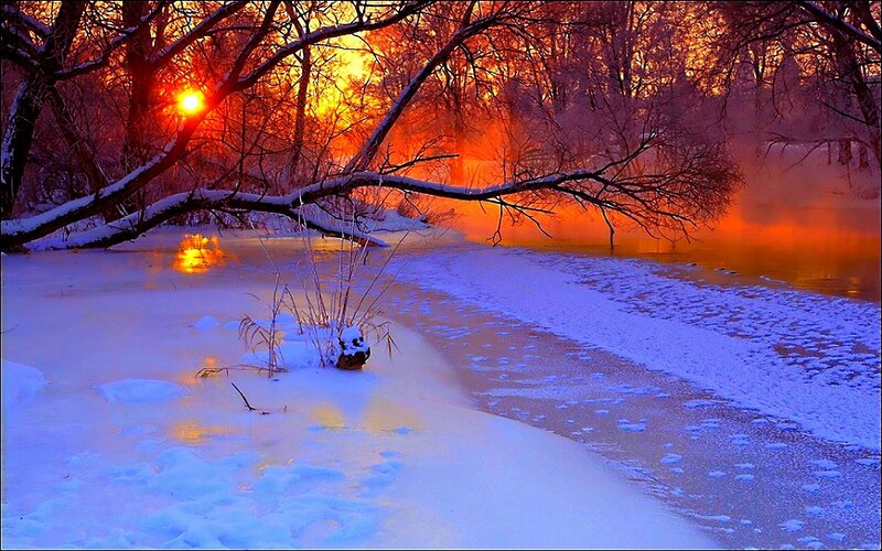 Snow-covered River at Sunset — Orange, Dramatic, Photograph, Trees