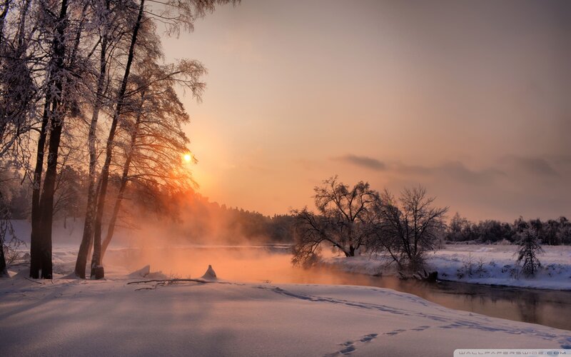 Snow-covered River at Sunset — Orange, Serene, Photograph