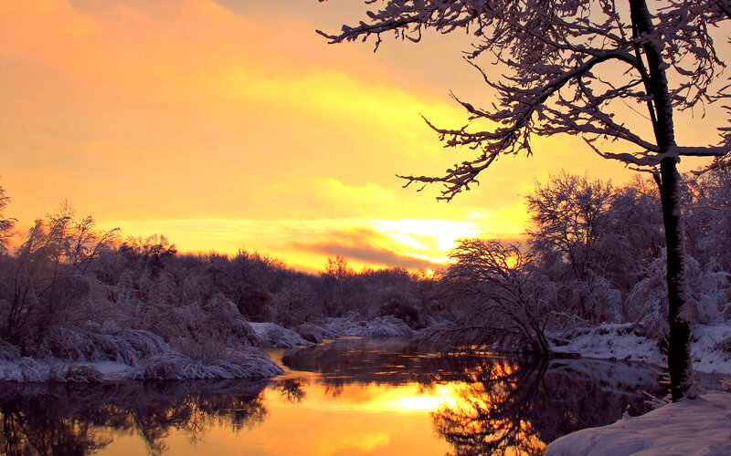 Snow-covered River at Sunset — Orange, Serene, Photograph, Trees, Sky