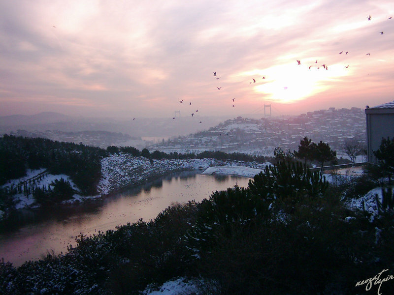 Snow-covered River at Sunset — Pink