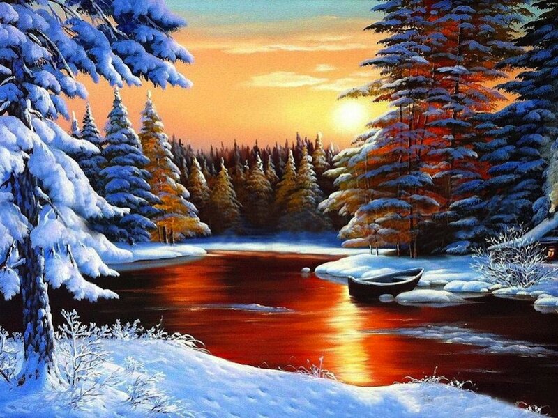 Snow-covered River at Sunset — Red, Serene