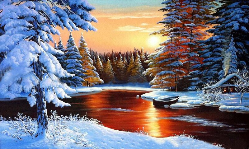 Snow-covered River at Sunset — Red