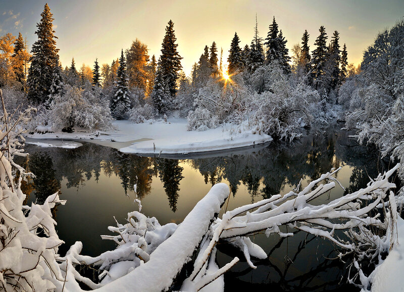 Snow-covered River at Sunset — White, Serene, Photograph, Trees