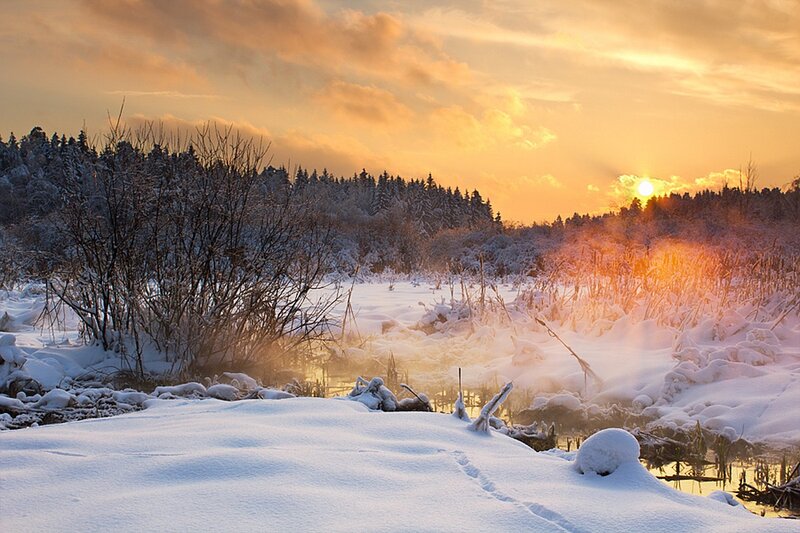 Snow-covered River at Sunset — White, Serene