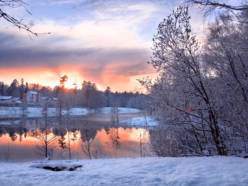 Snow-covered River at Sunset — White