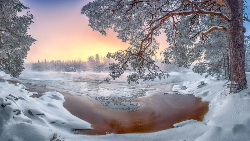 Snow-covered River Bend — White, Serene, Winter