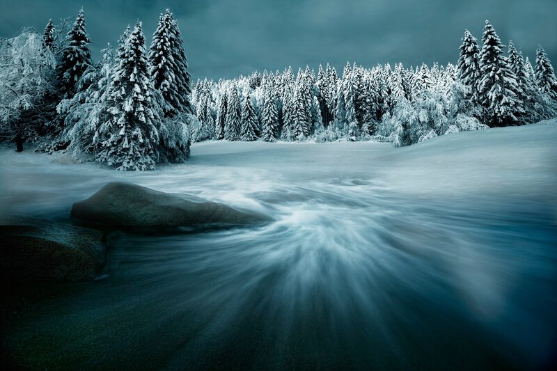 Snow-covered River — Blue, Cold, Winter, Photograph, Trees, Rock