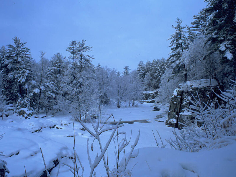 Snow-covered River — Blue, Cold, Winter, Photograph, Trees, Rocks