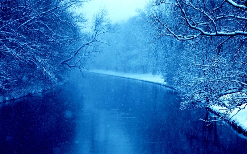 Snow-covered River — Blue, Cold, Winter, Photograph, Trees