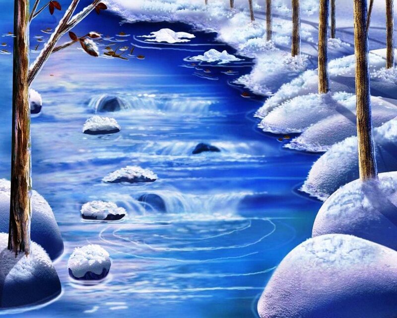 Snow-covered River — Blue, Serene, Winter, Digital Art