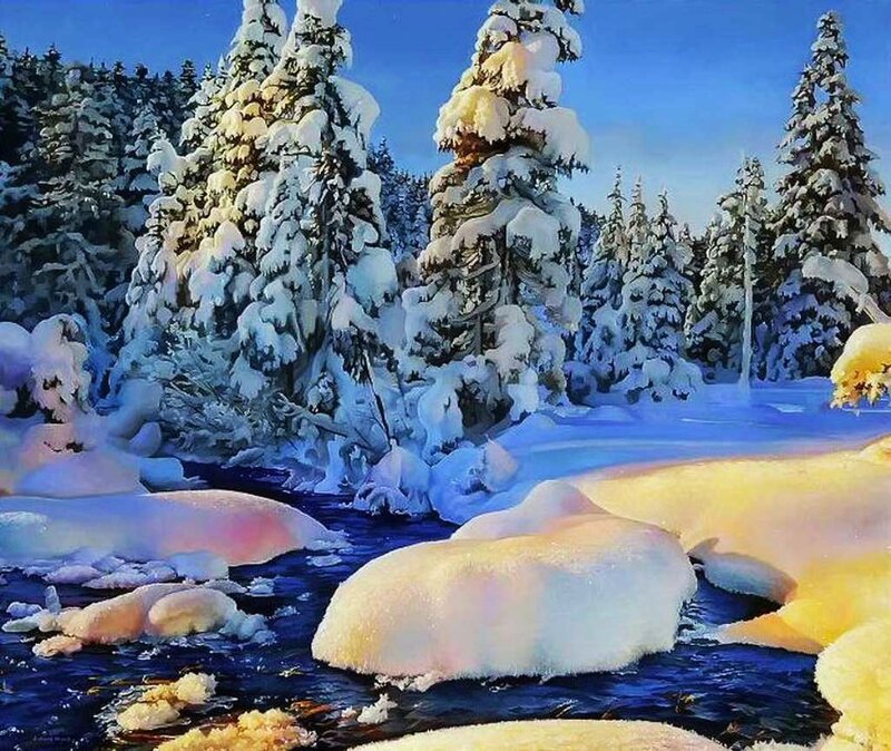 Snow-covered River — Blue, Serene, Winter, Painting